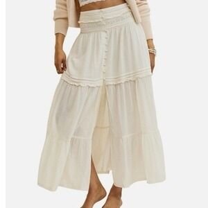 NWT Aerie‎ Cream Boho Button Cotton Smocked Waist Tiered Maxi Skirt XXL Cottage
